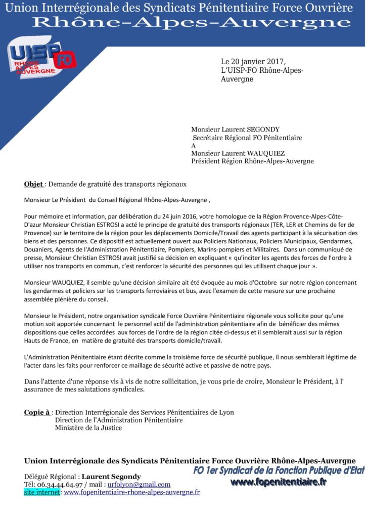 Lettre Force Ouvrière pour gratuité des transports